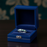14k gold princess cut diamond emerald wedding band with 2.36 carats total weight, displayed in a jewelry gift box.