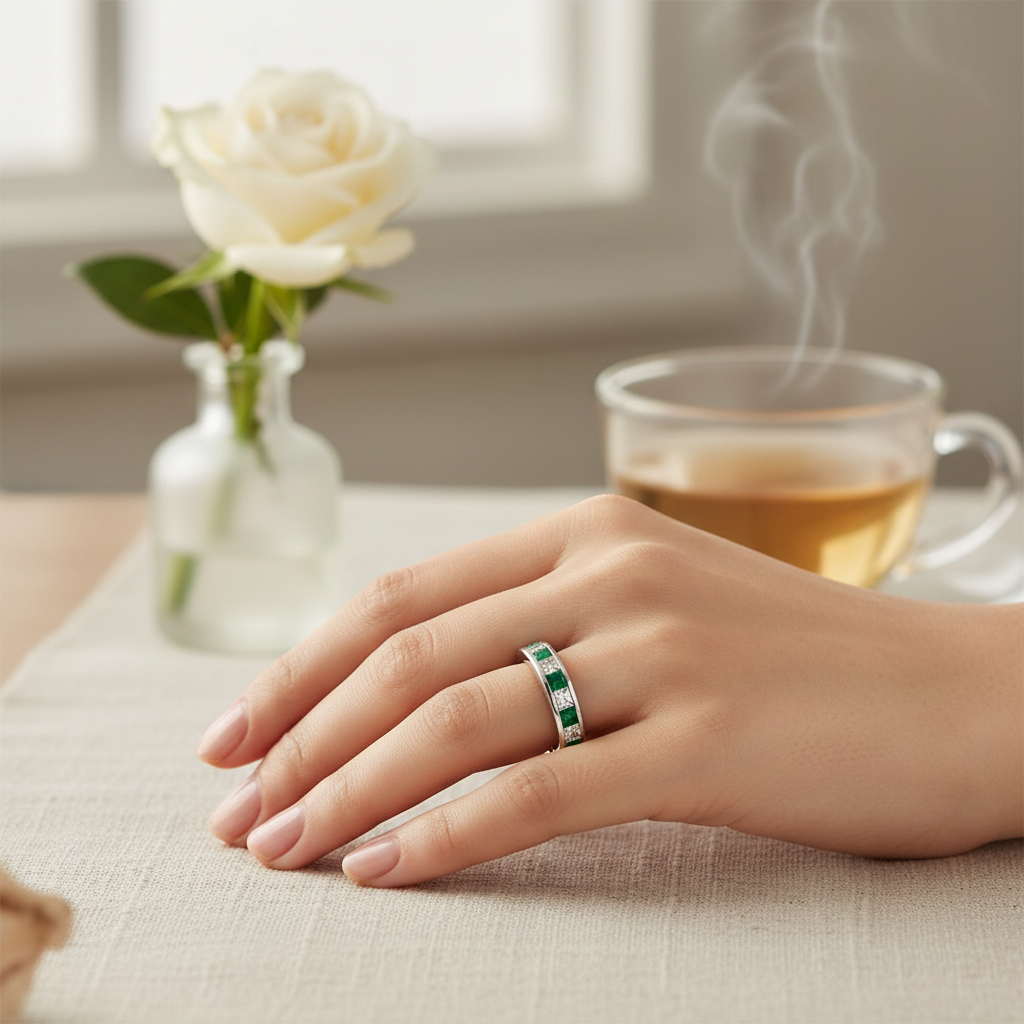 14k gold wedding band with princess cut diamonds and emerald accents, featuring 2.36 ctw, held on a hand.