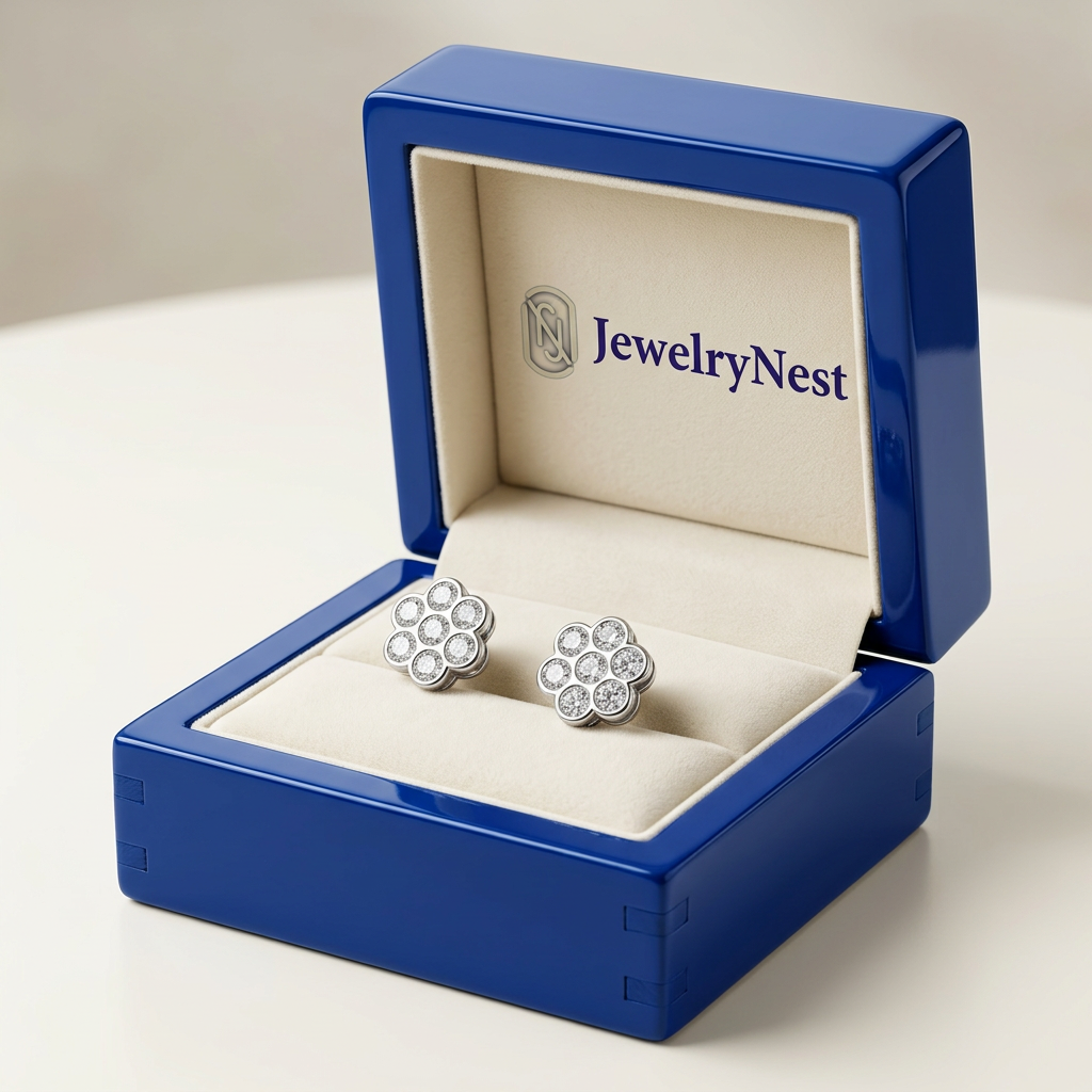 Diamond flower earrings in a royal-blue wooden box with the JewelryNest logo