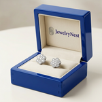 Diamond flower earrings in a royal-blue wooden box with the JewelryNest logo
