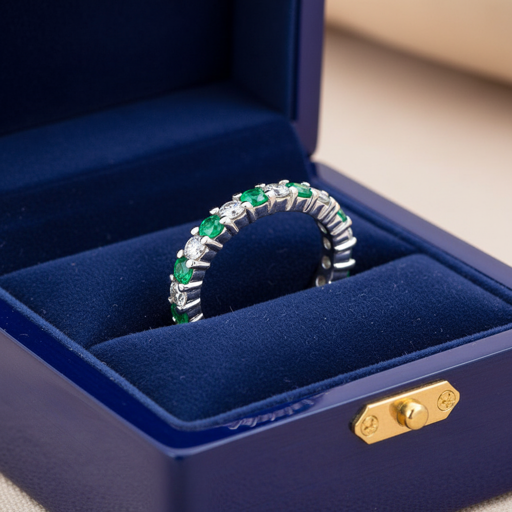 14k gold diamond and green emerald eternity wedding band with 1.30 cts, displayed in a royal blue jewelry box.