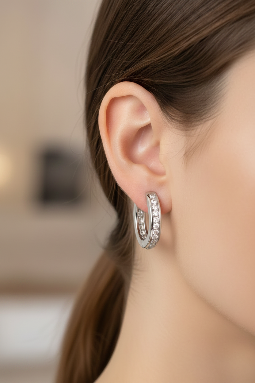 Diamond In & Out Huggie Earrings White Gold on Model