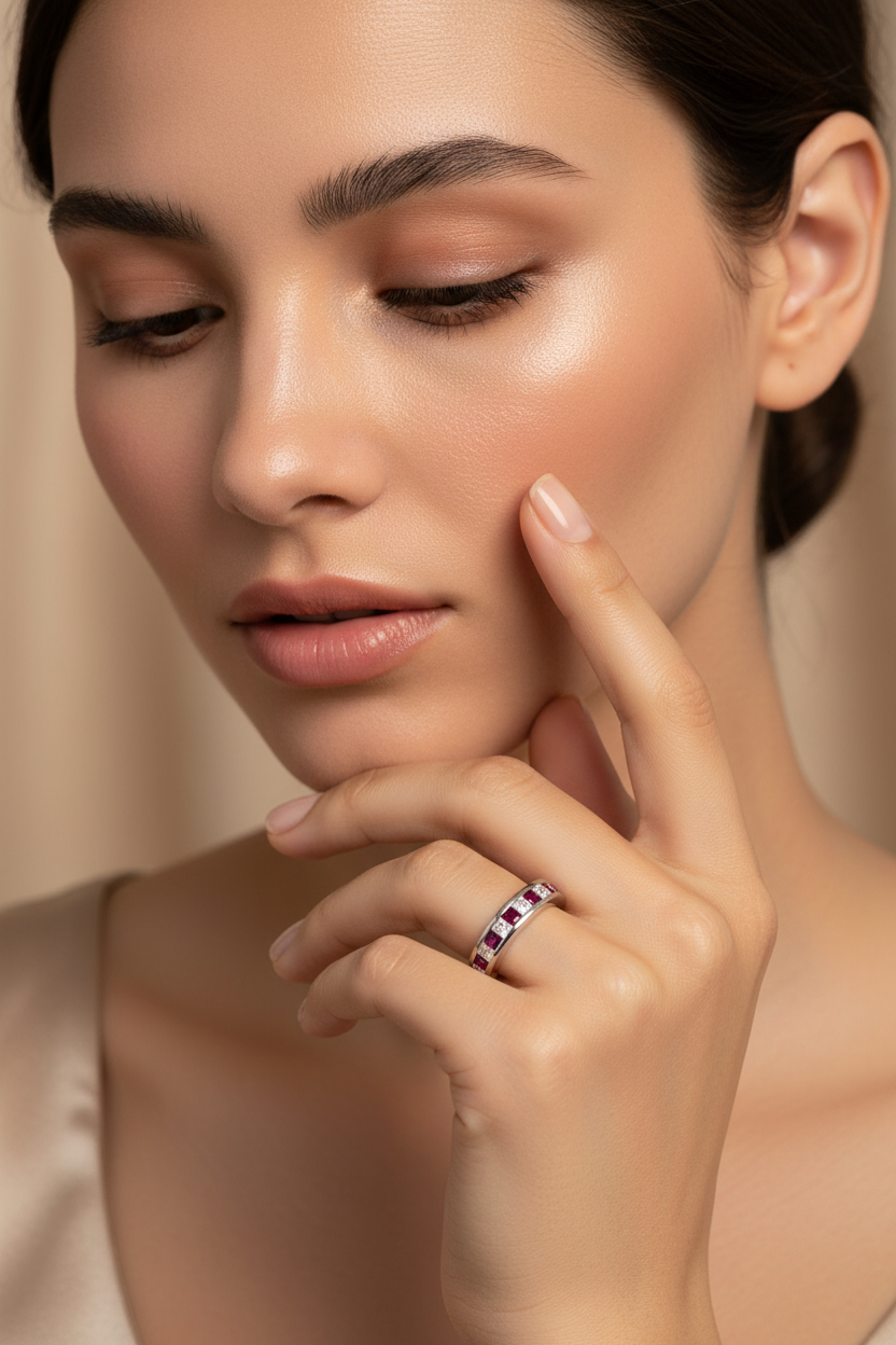 Diamond Ruby Eternity Band on Model