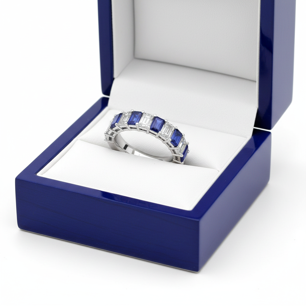 Diamond Sapphire Anniversary Ring in Royal Blue Wooden Box