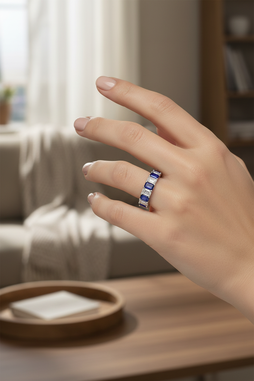 Diamond Sapphire Anniversary Ring on Model