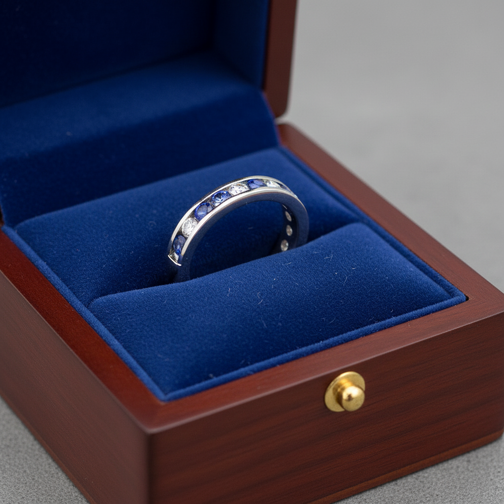 14k gold round diamond and sapphire eternity wedding band with 1.56 carats in a royal blue jewelry box.