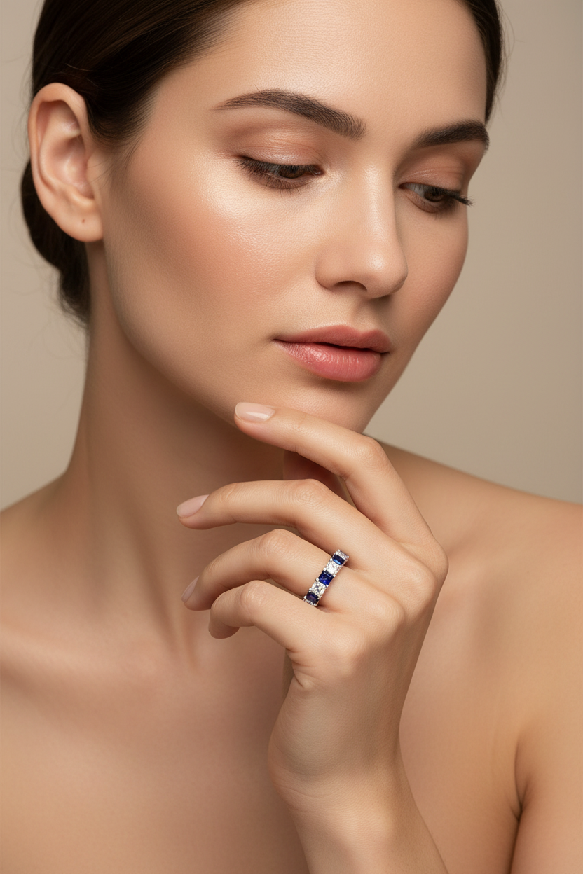 Diamond Sapphire Eternity Band on Model