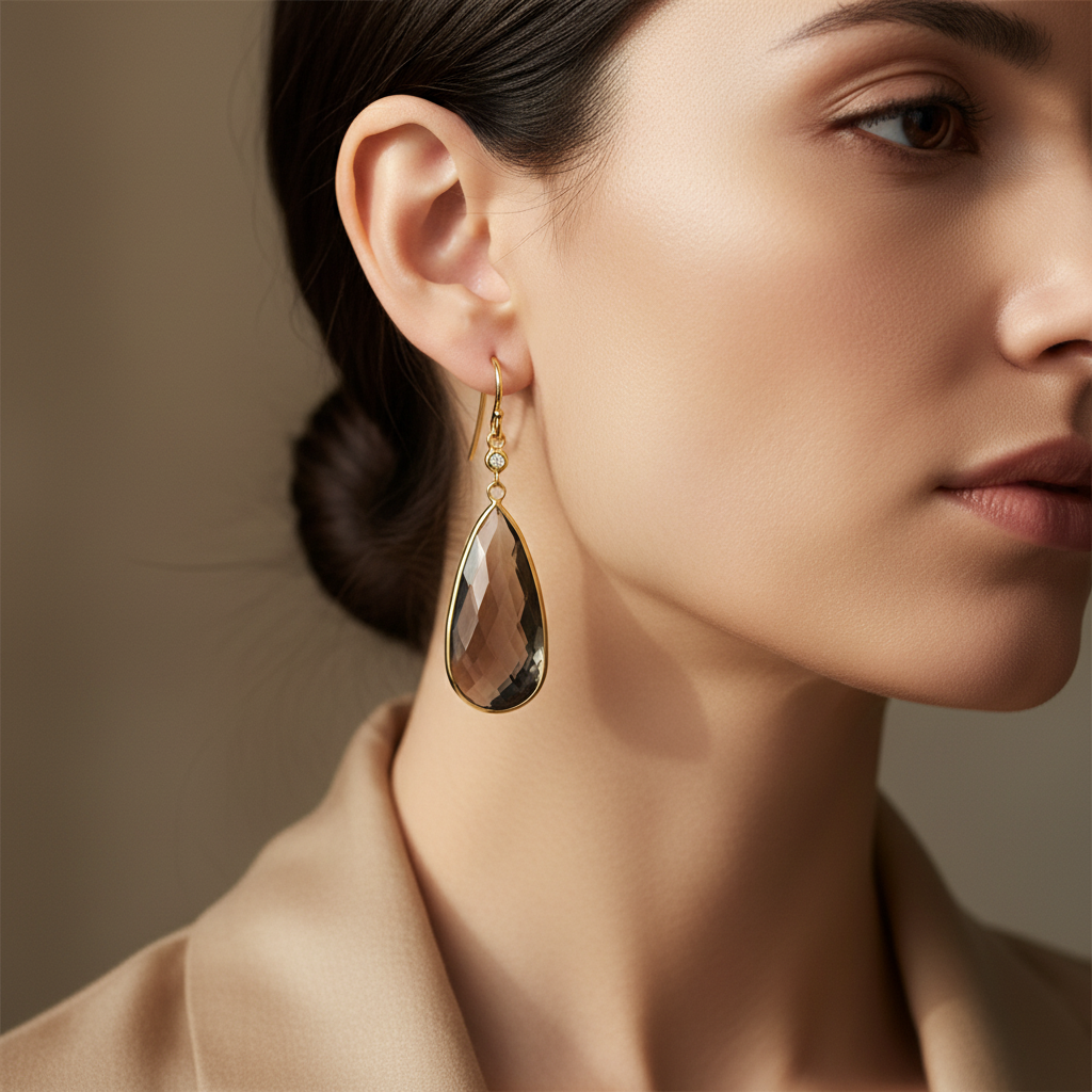 Diamond Smoky Topaz Dangle Earrings on Model