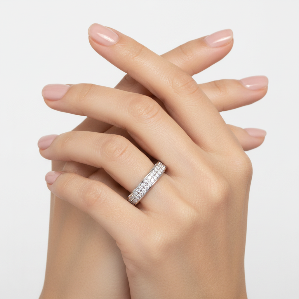 Double Row Pave Diamond Eternity Band on Model