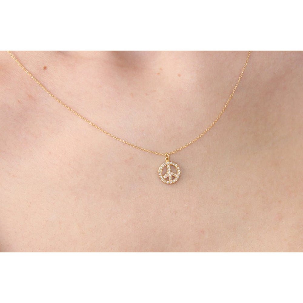 14k Yellow Gold Diamond Peace Sign Necklace On Woman Neck (0.25.ct.tw)