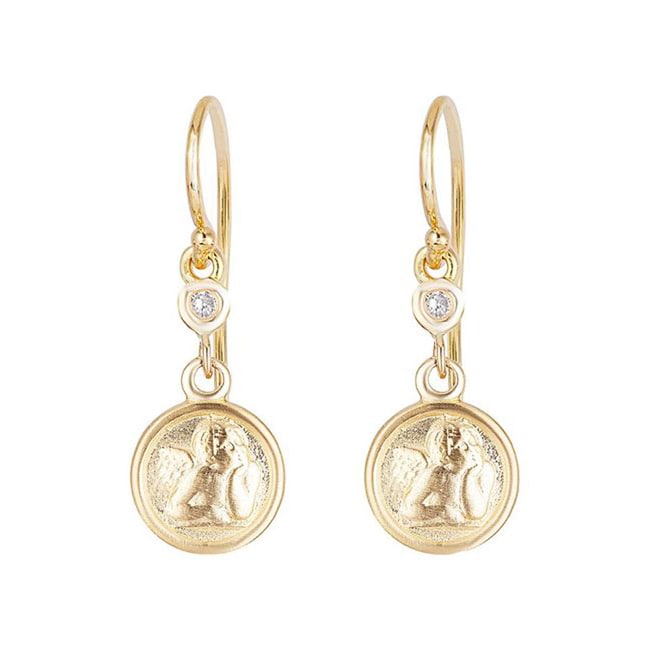 14k Solid Yellow Gold Mini Diamond Cherub  Dangle Earring (0.0.6.ct.tw)