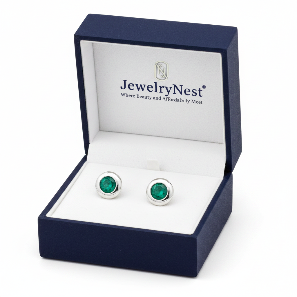 Emerald Bezel Stud Earrings in Box with Logo
