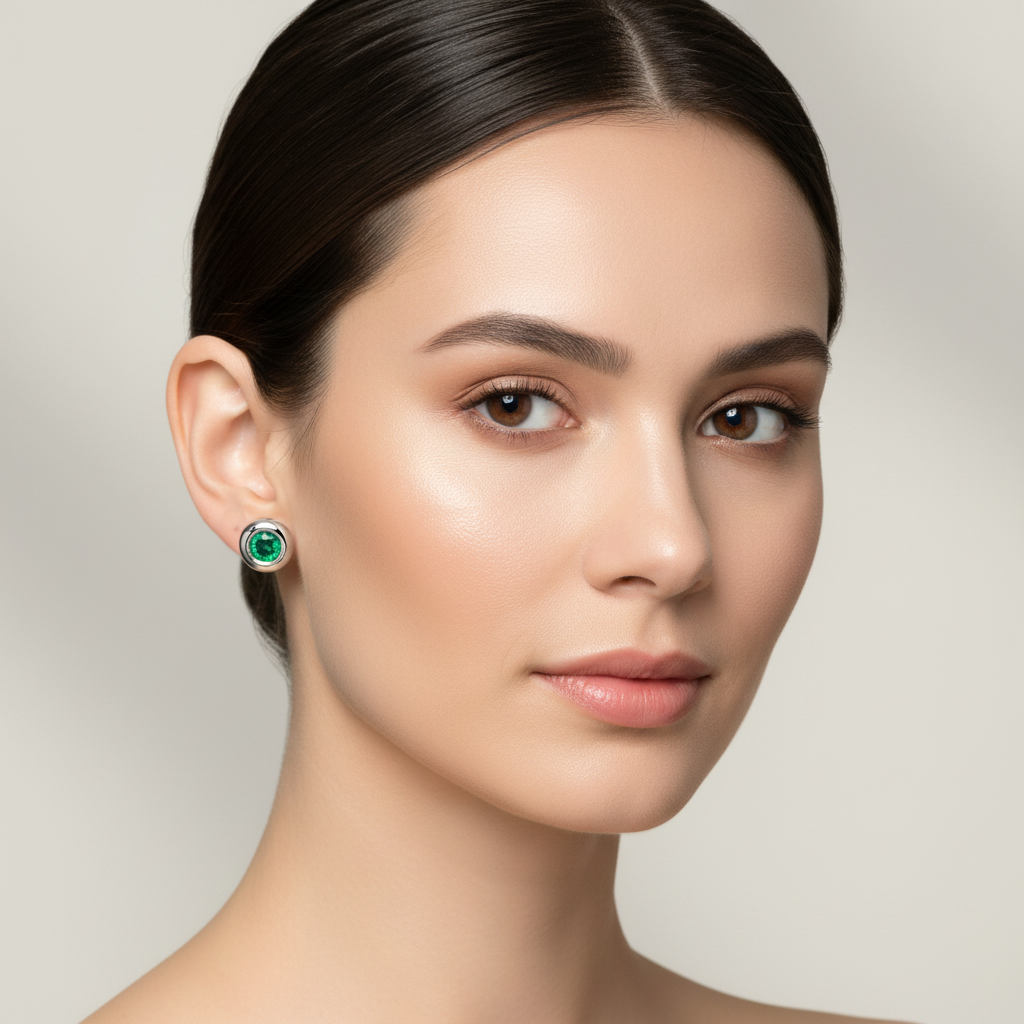 Emerald Bezel Stud Earrings on Face