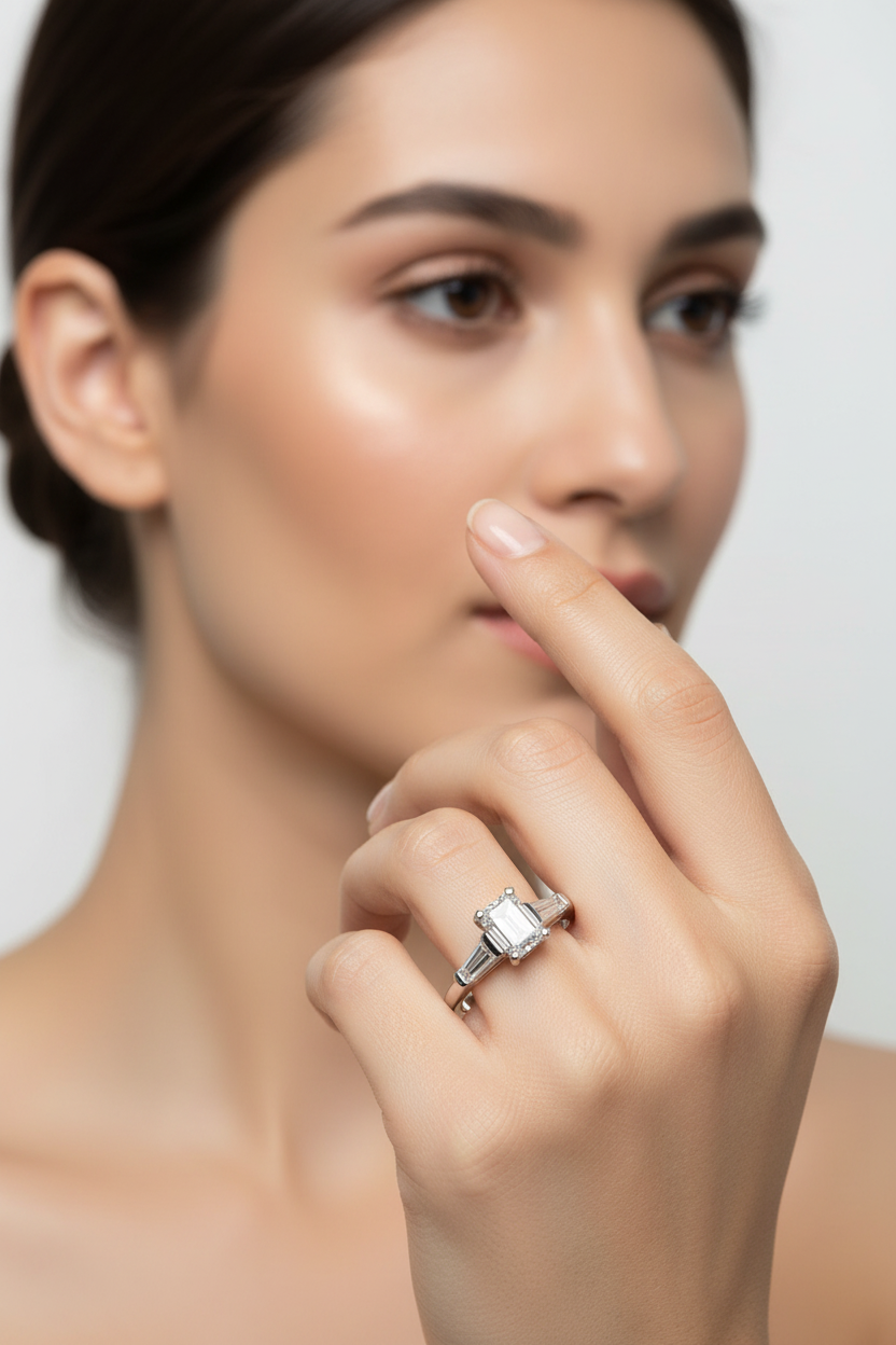 Emerald Cut Baguette Diamond Ring on Model