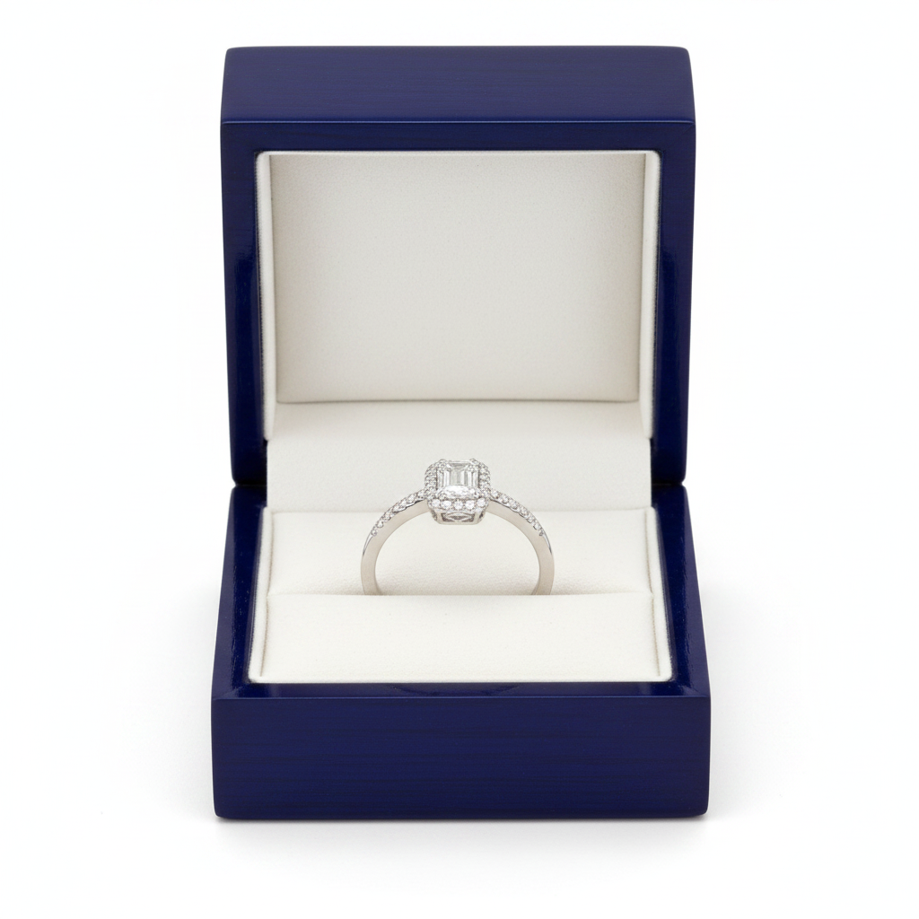 Emerald-Cut Diamond Engagement Ring in Royal Blue Wooden Box