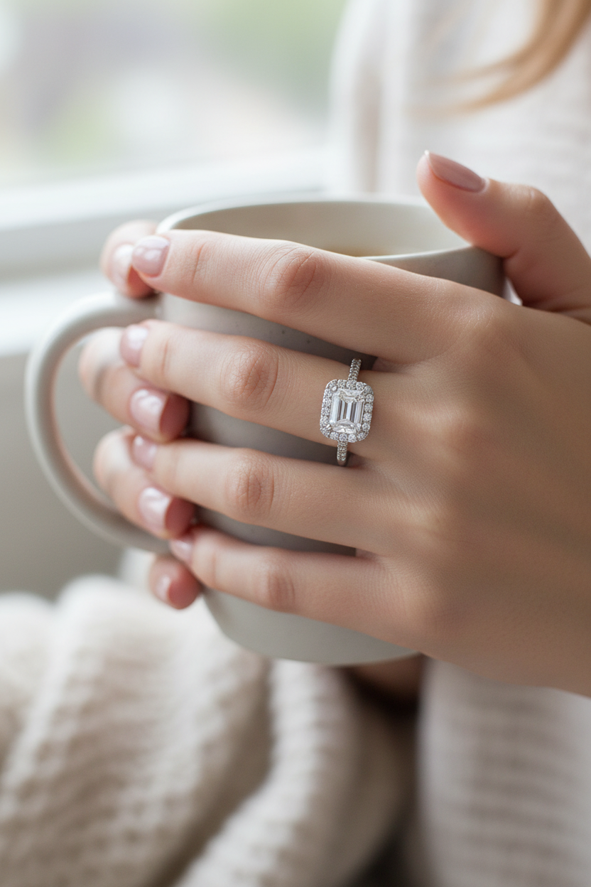 Emerald-Cut Diamond Engagement Ring on Model