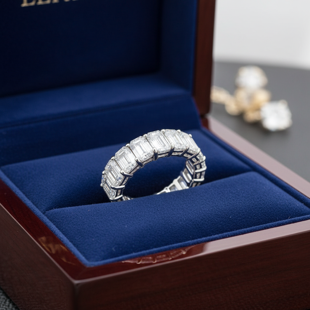 Emerald Cut Diamond Eternity Band in Royal Blue Box