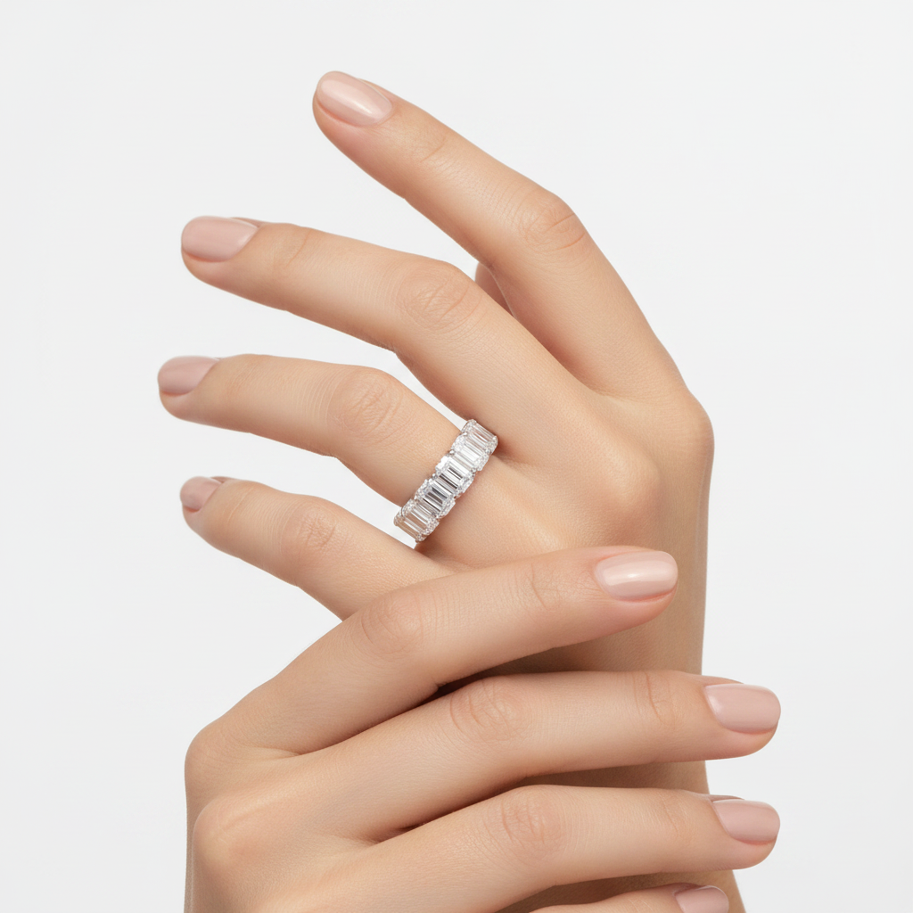 Emerald Cut Diamond Eternity Band on Model