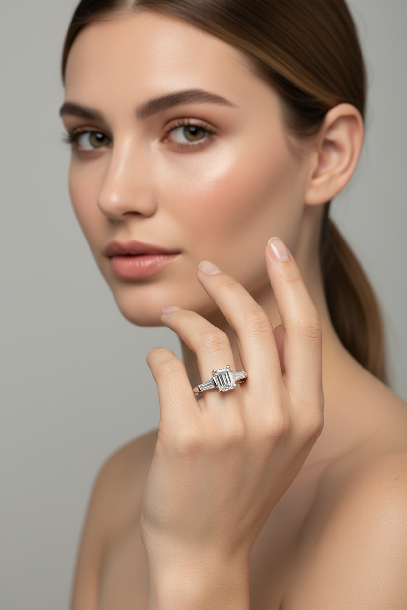 Emerald Cut Diamond Ring on Model