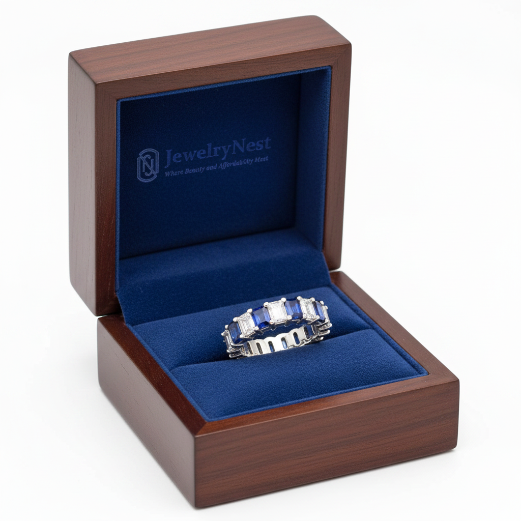 Emerald Cut Diamond Sapphire Eternity Band in JewelryNest Box