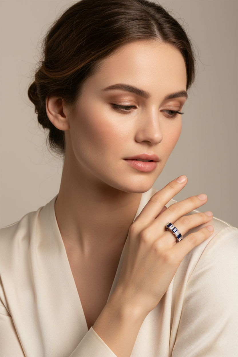Emerald Cut Diamond Sapphire Eternity Band on Model