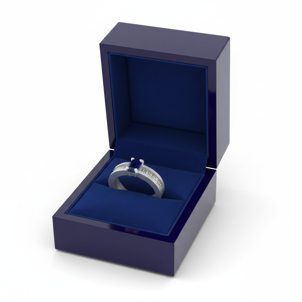 14k gold emerald-cut sapphire and diamond fashion ring with 0.98 carats, displayed in a royal blue gift box.
