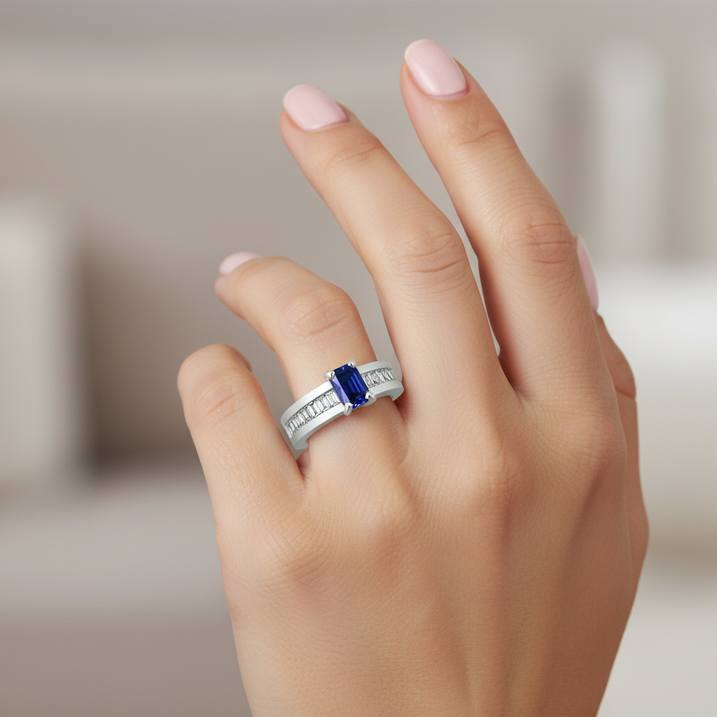 Emerald-Cut Sapphire Diamond Ring on Model