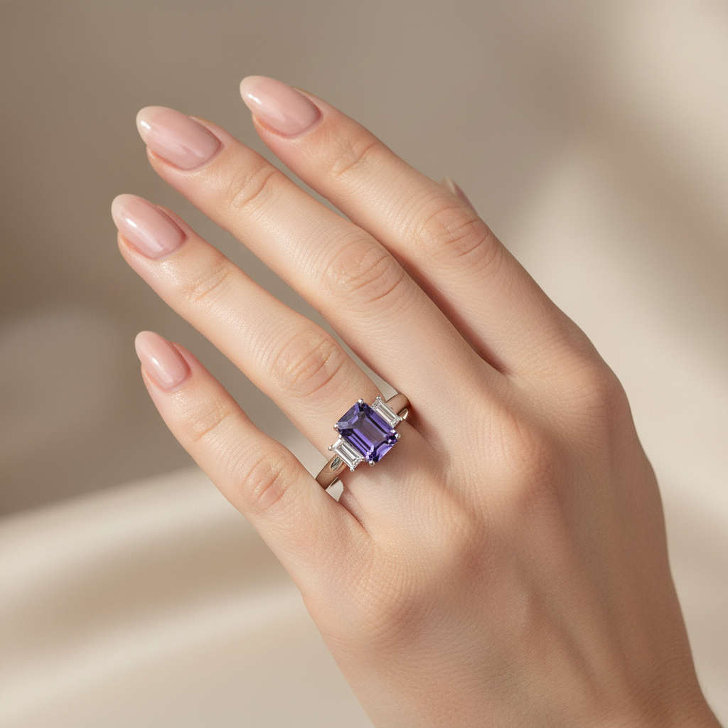 Emerald Cut Tanzanite Ring on Hand