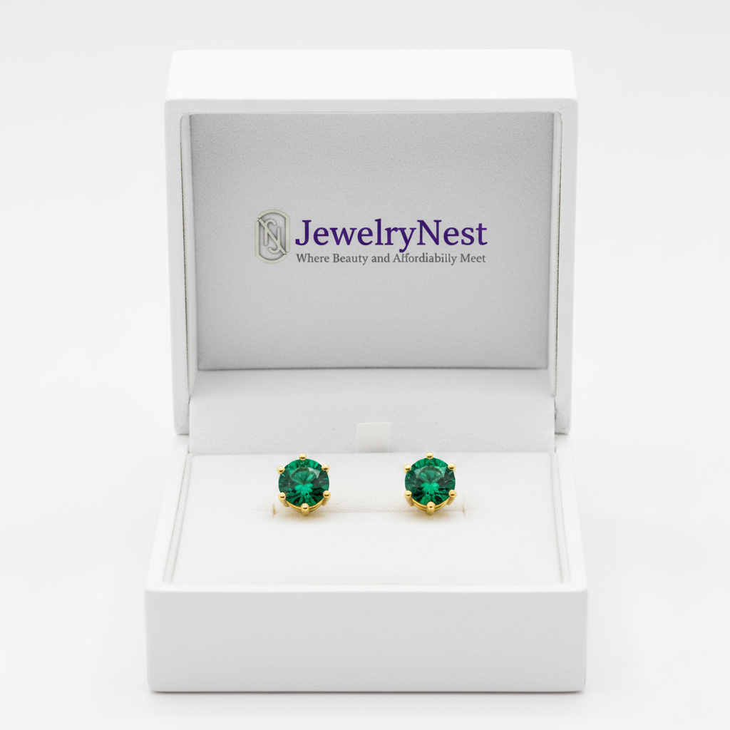 Emerald Prong Stud Earrings in Box with Logo