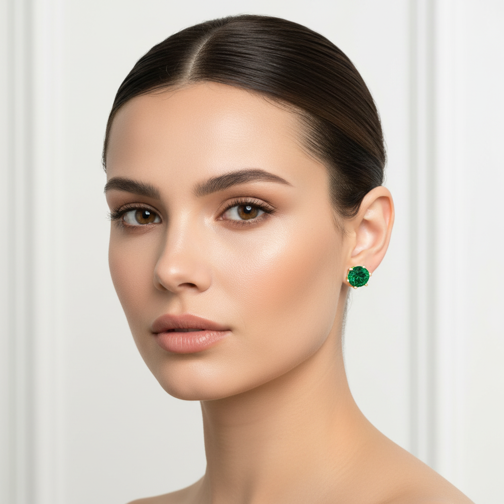 Emerald Prong Stud Earrings on Face