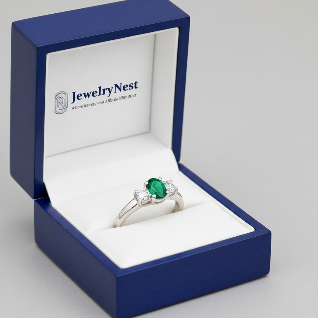 Emerald Ring in Royal Blue Box with JewelryNest Logo
