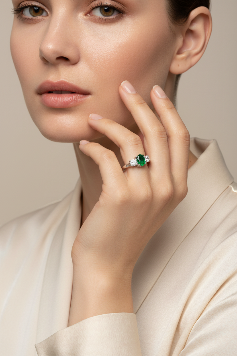 Emerald Ring on Model with Face