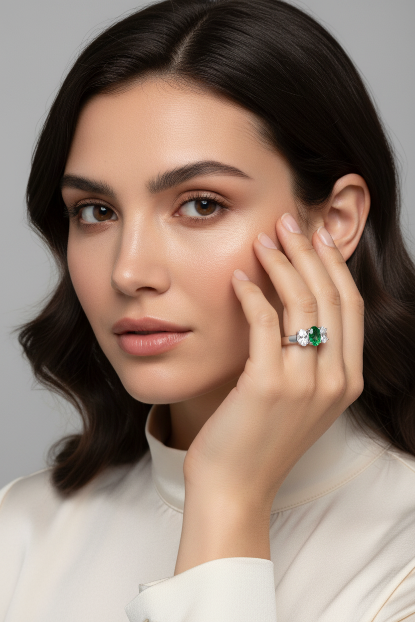 Emerald Ring on Model with Full Face