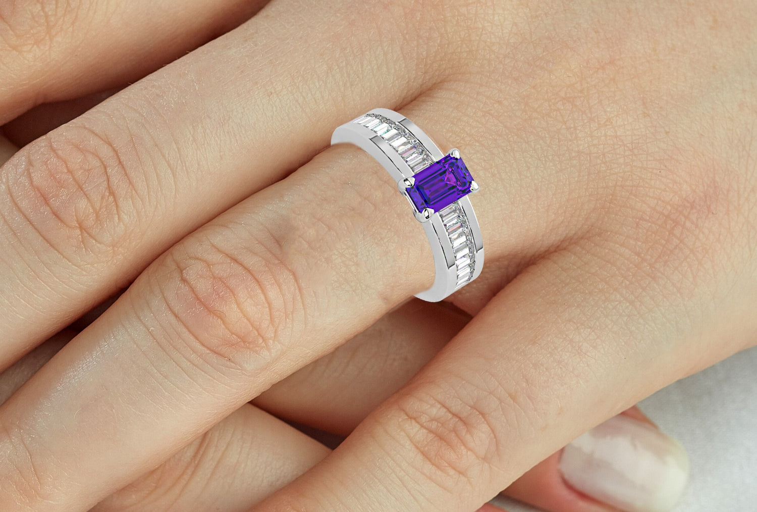 14k Gold Triple A Rectangular Tanzanite Diamond Ring On Woman Hand (1.17.cts.tw)