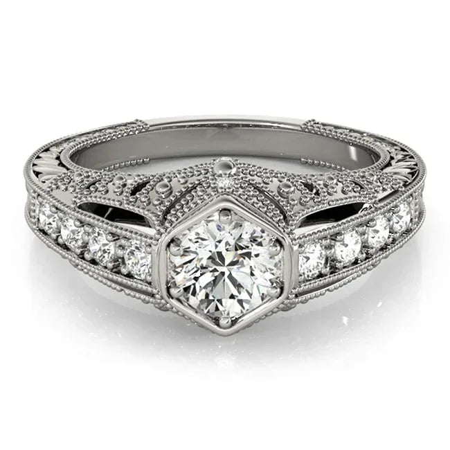 14k gold vintage-style diamond engagement ring with 1.50 carats total weight, featuring intricate detailing and sparkling lab-grown diamonds.