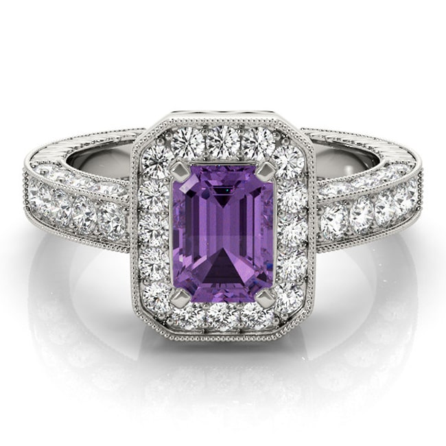 14K White Emerald-Cut Amethyst Diamond Ring ( 1.67 cts.tw)