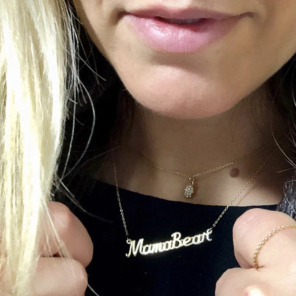 14k Designer Mama Bear Name Necklace On Woman Neck  (2.7.gr.tw)