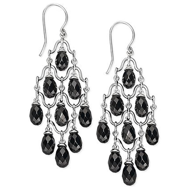 Silver Black Briolette Onyx Chandelier Earrings (15.3.cts.tw)