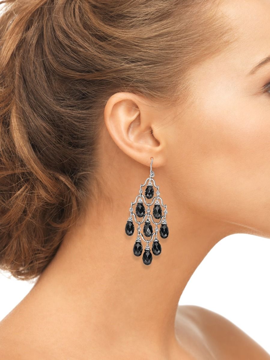 Silver Black Briolette Onyx Chandelier Earrings On Woman Ear (15.3.cts.tw)