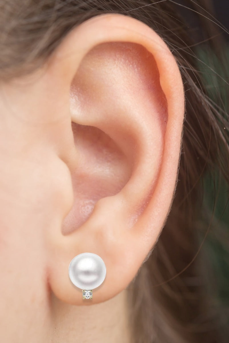14k Gold Cultured Pearl Diamond Drop Earrings On Woman Ear (0.20.ct.tw)