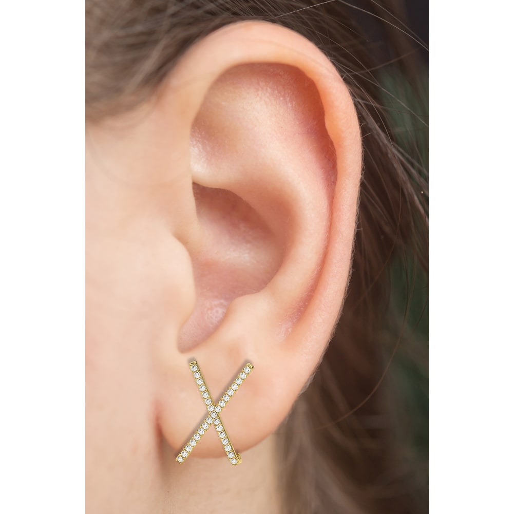 14k Yellow Double Raw Diamond Criss Cross Earring On Woman Ear (0.78.ct.tw)