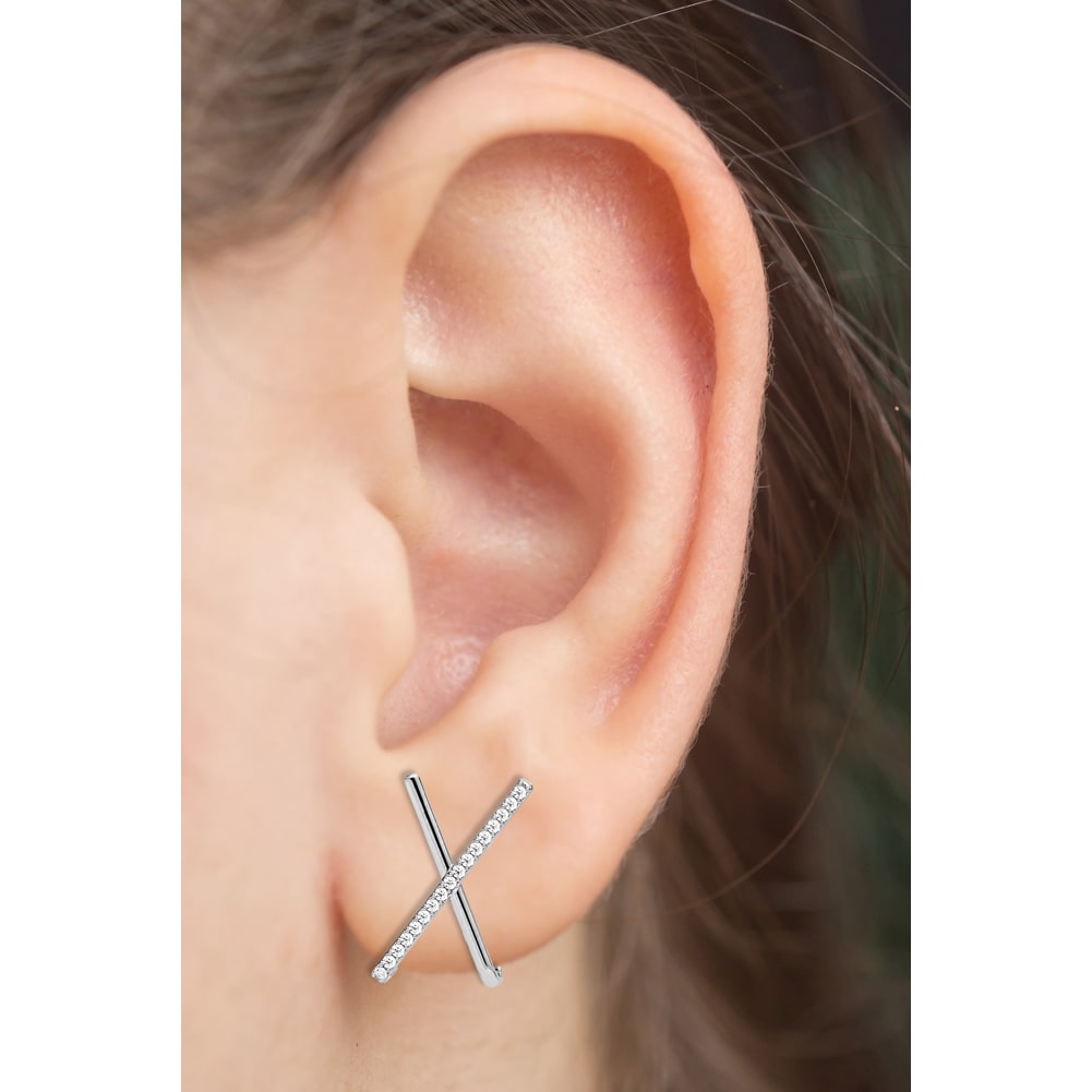 14k White Gold Single Raw Diamond Criss Cross Earring On Woman Ear (0.39.ct.tw)