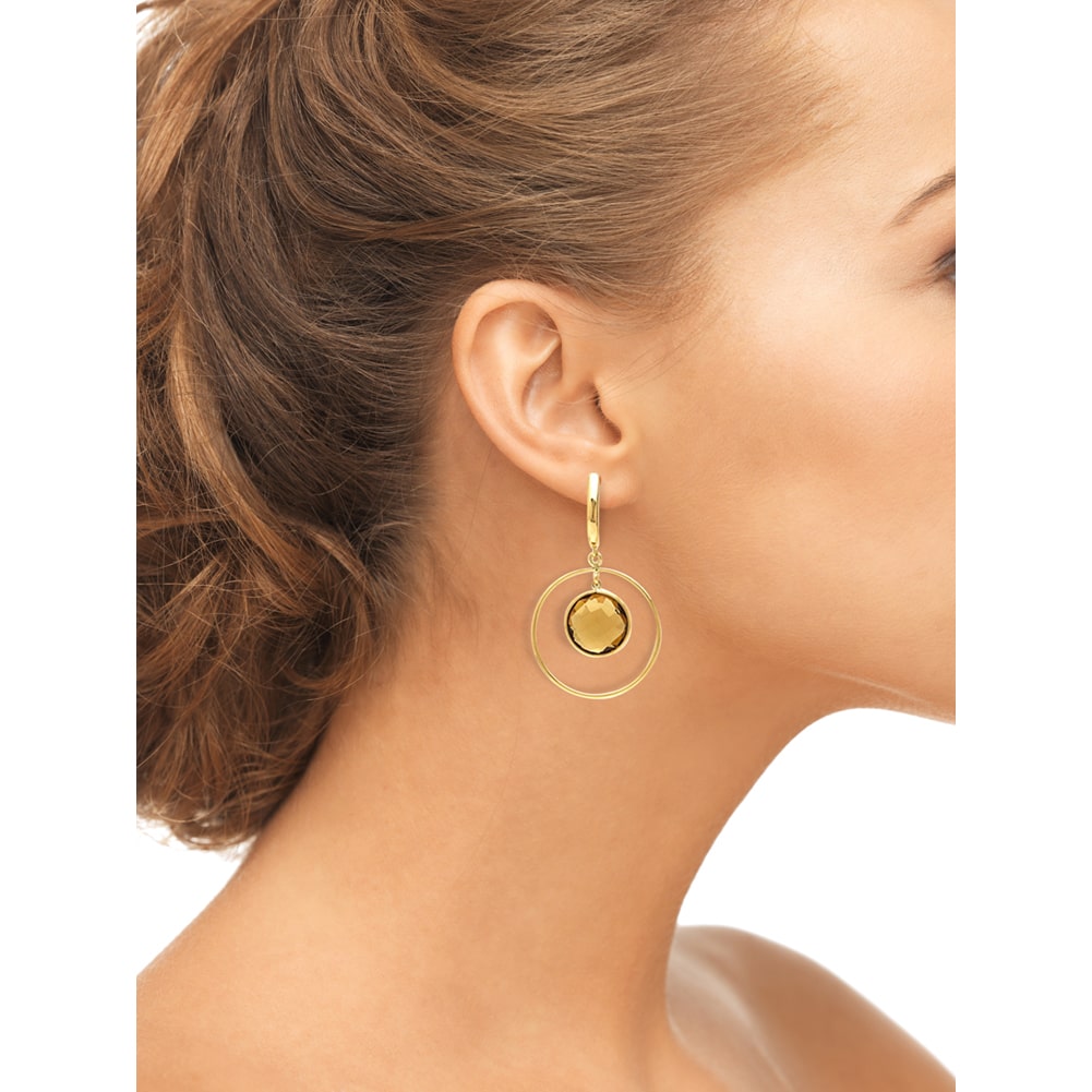 14k Solid Gold Round Smoky-Topaz Dangle Hoop Earrings On Woman Ear (9.0.cts.tw)