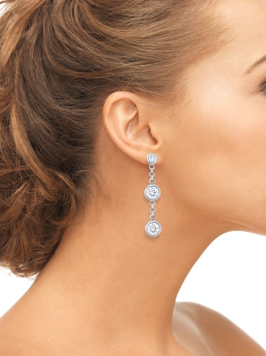 14K Gold Diamond Triple Bezel Drop Earrings On Woman Ear (0.90.ct.tw)