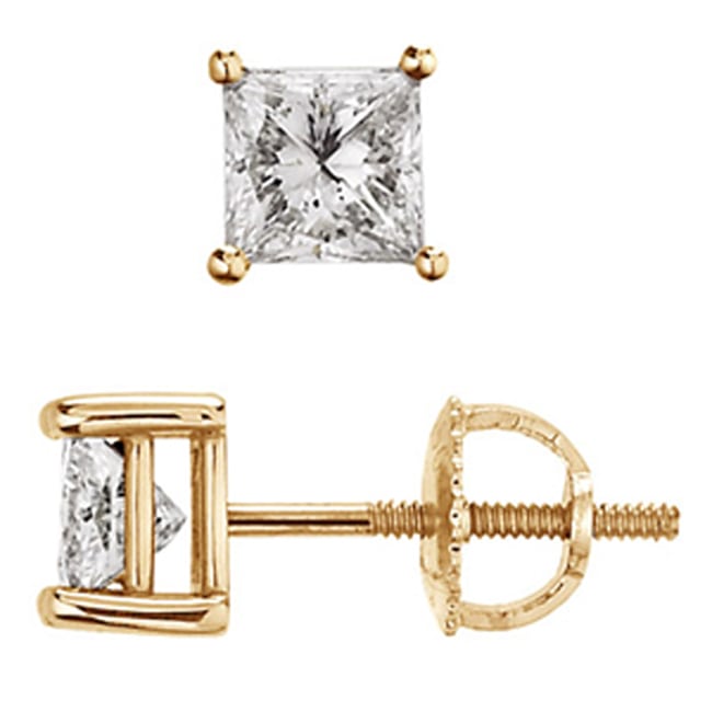 14k Gold Princess Cut Diamond Prong Earring Stud (1.0.ct.tw)