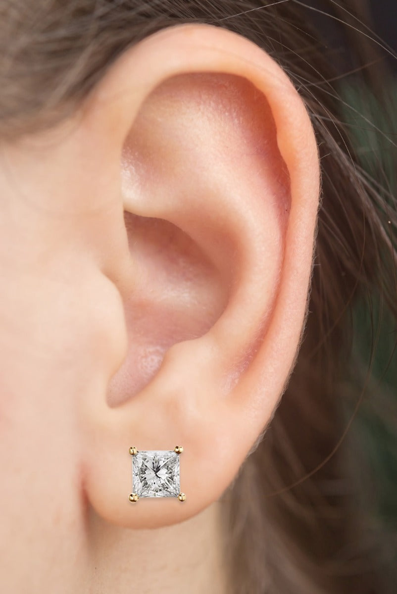 14k Gold Princess Cut Diamond Prong Earring Stud On Woman's Ear (1.0.ct.tw)