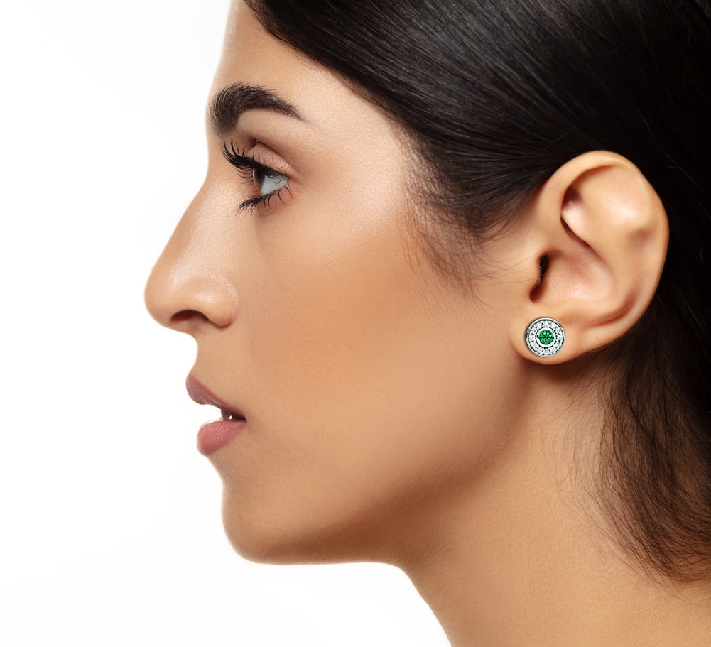 14k Gold Diamond Emerald Donut Gallery Back Earring On Woman Ear (0.92.ct.tw)