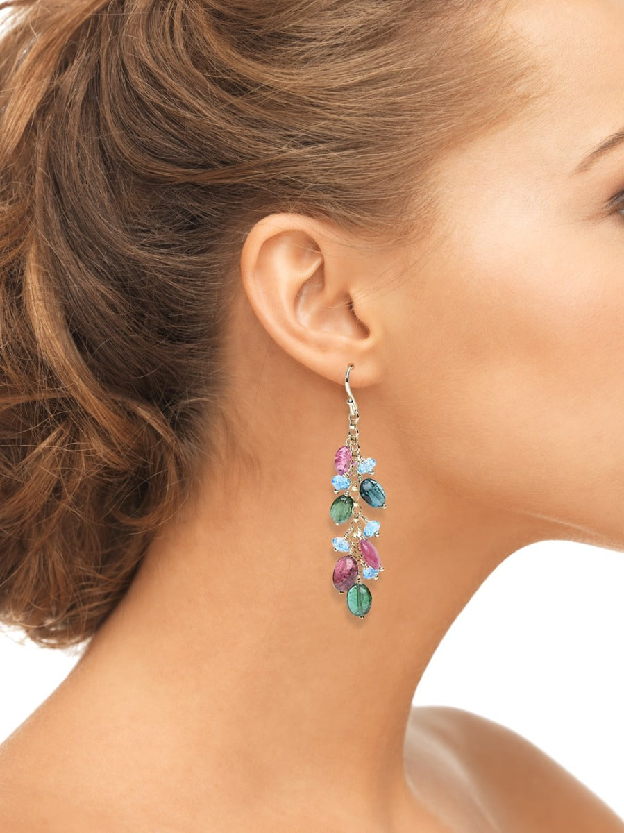 14k Colored Tourmaline Blue-Topaz Earrings On Woman Ear (14.75.cts.tw)