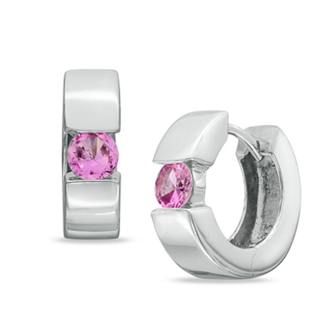 14k White Round Pink Sapphire Huggie Earrings (0.20.ct.tw)