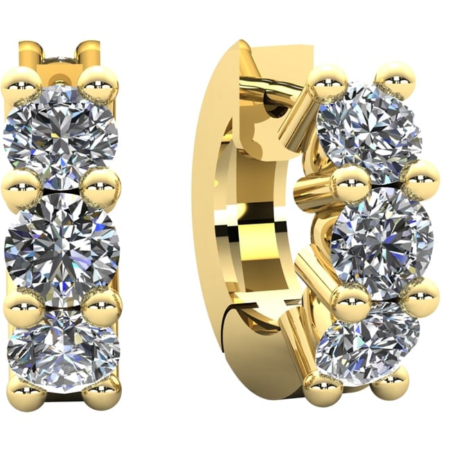 14k Yellow Gold Three Stone Round Diamond Huggie Earring (0.90.ct.tw)